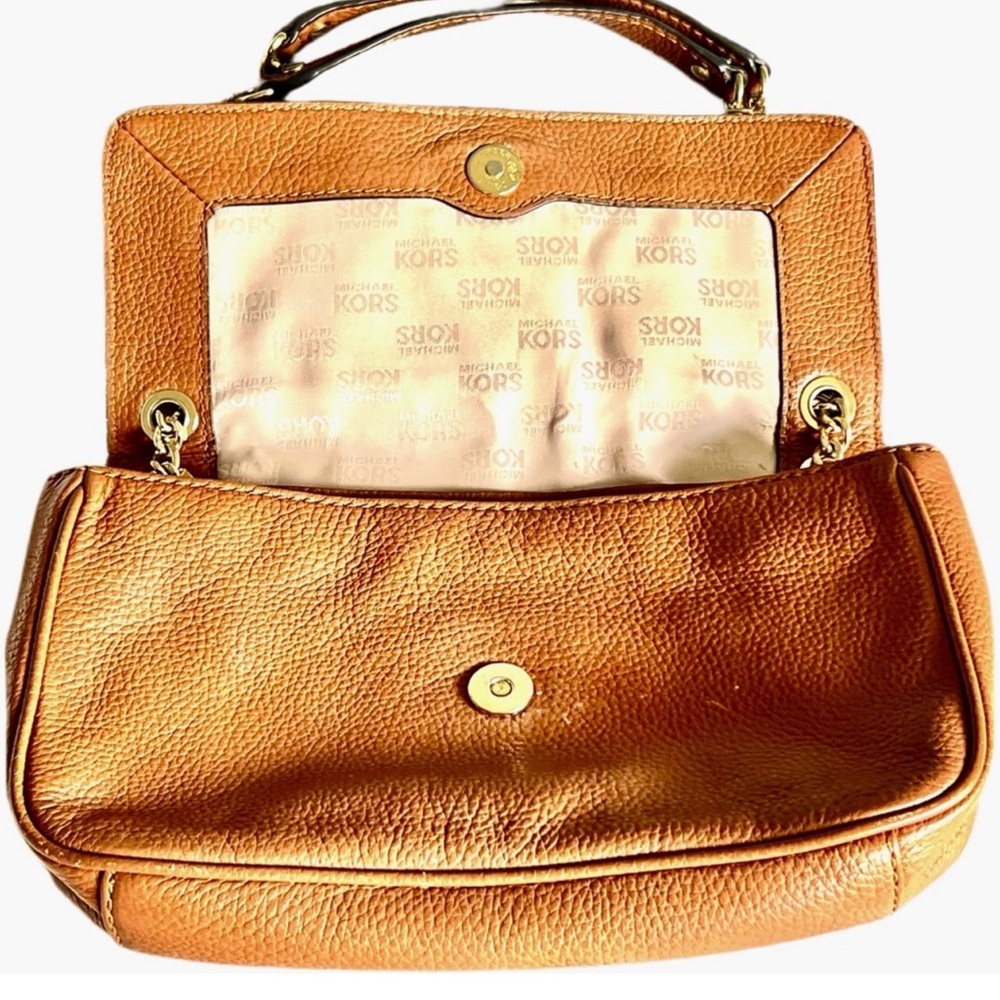 Michael Kors Tan Leather Small Shoulder Crossbody Bag Gold Chain MK Logo - Picture 5 of 10